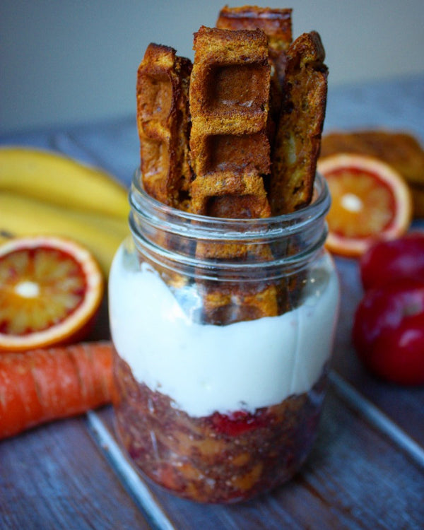 Pumpkin Protein Waffle Sticks with Chia Jam