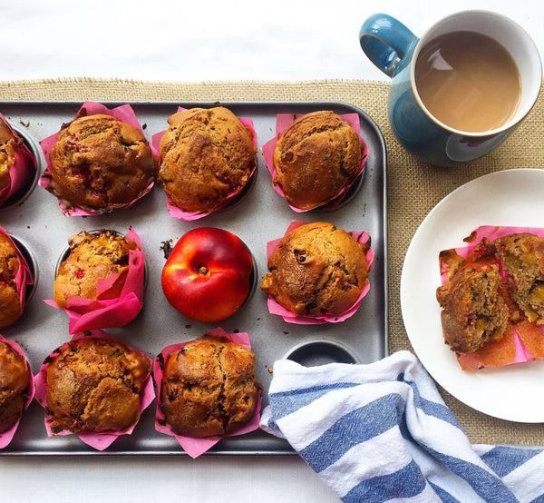 Spiced Peach and Raspberry Protein Muffins